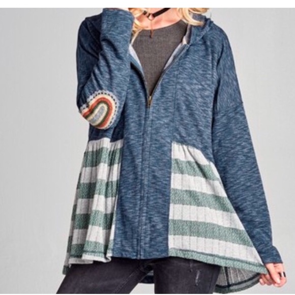 NWT ODDY Women's Blue Full Frontal Zip Stripped Boho Hoodie Sweater Size S - Picture 2 of 12